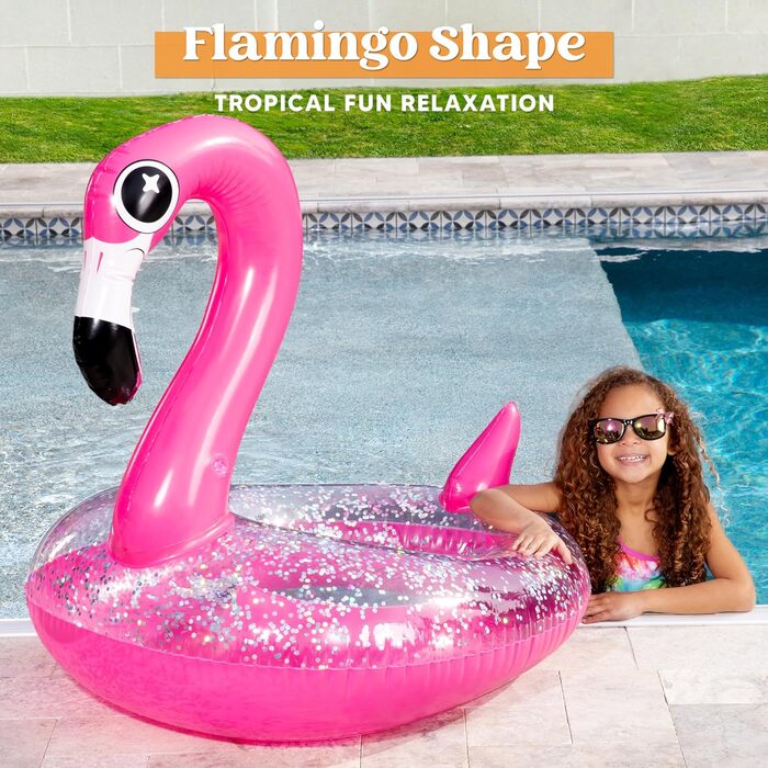 Надувний поплавок для басейну JOYIN Flamingo з блискітками, трубочки для плавання, веселі пляжні поплавки, іграшки для басейну, прикраси для дитячої літньої вечірки (95 x 82 x 94 см)