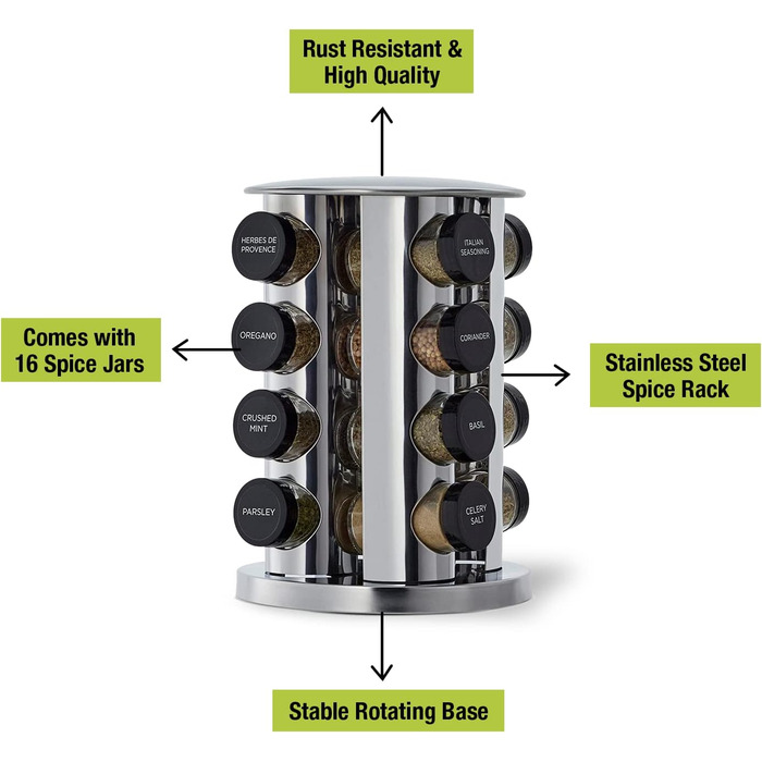 Карусель спецій, стійка для спецій, поворотний на 360, кухонні спеції, 16 баночок для спецій, з кришками та індивідуальними дозаторами, органайзер, з етикетками для пляшок, алюмінієвий, металік