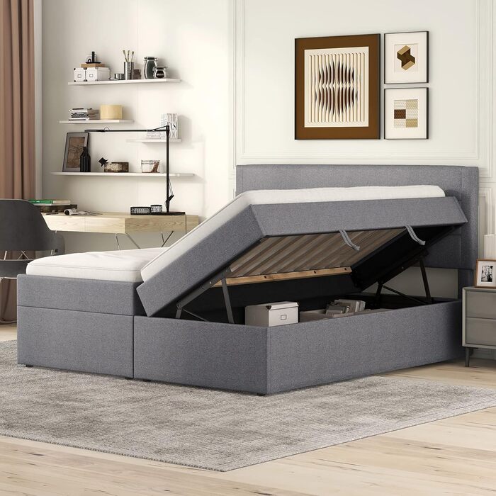 Ліжко з пружинним блоком 140x200 з ящиком для зберігання речей, м&39яке двоспальне ліжко з рейковим каркасом, ліжко, ліжка, каркас ліжка з місцем для зберігання речей, повний спальний гарнітур, ліжко з місцем для зберігання речей (сіре, двоспальне ліжко 1