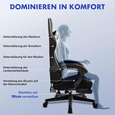 Ігрове крісло LUCKRACER з підставкою для ніг, ергономічне офісне крісло з регульованою поперековою подушкою та підголівником, ігрове крісло з регулюванням висоти, вантажопідйомність 150 кг, білий колір