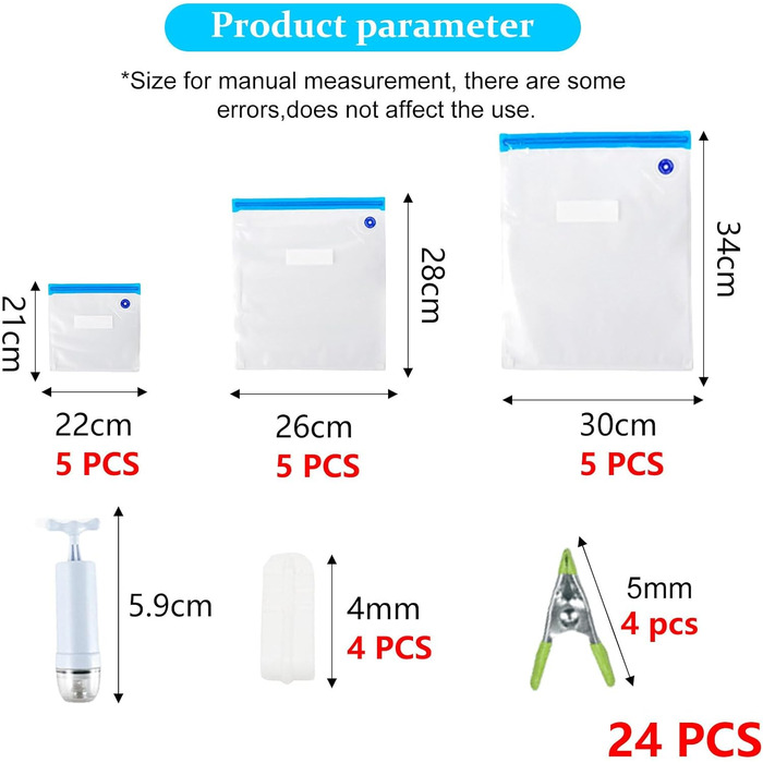 Вакуумні пакети для харчових продуктів набір вакуумних мішків, багаторазові вакуумні пакети з 1 ручним насосом, вакуумні пакети без BPA, пакети для вакуумного пакування Пакети Sous Vide Set (22x21 см * 5 26 x 28 см * 5 30 x 34 см *5), 15 шт.