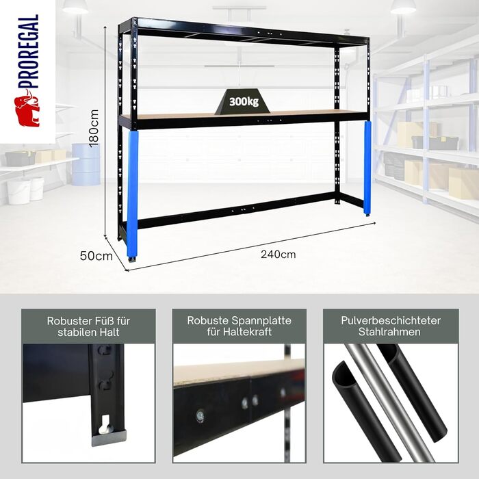 Стелаж для гаража PROREGAL Hercules, компактний, доступний для навантажувача, розміри (ВxШxГ) 180x240x50 см, 2 рівні зберігання, вантажопідйомність полиці 300 кг, чорний, надміцний стелаж, стійка для зберігання
