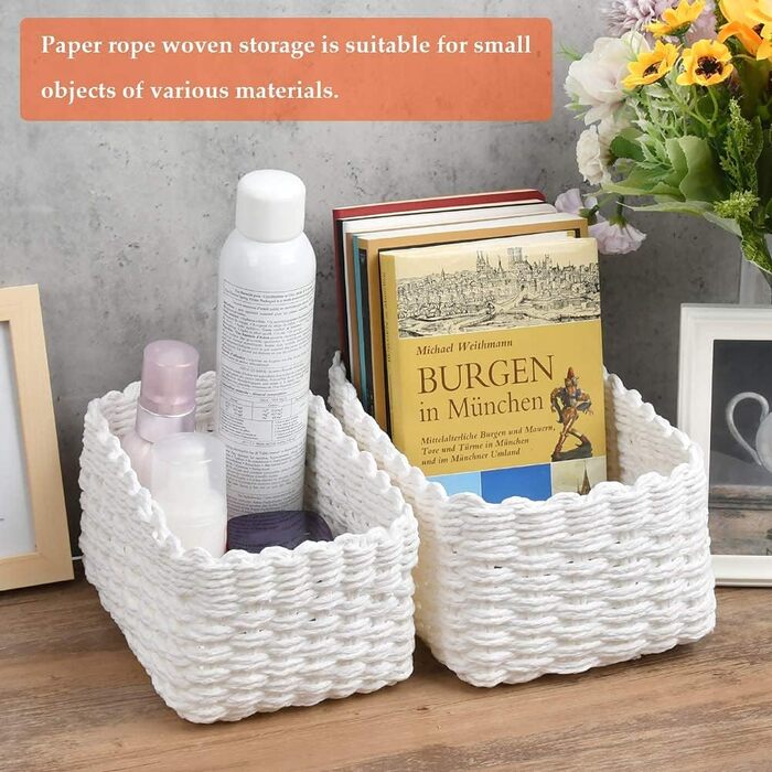 Набір кошиків для зберігання з 3 предметів з перероблених паперових мотузок, 3 розміри, плетені кошики для зберігання, полиці-кошики, органайзер для шаф, ванна кімната, кухня, спальня (білий)