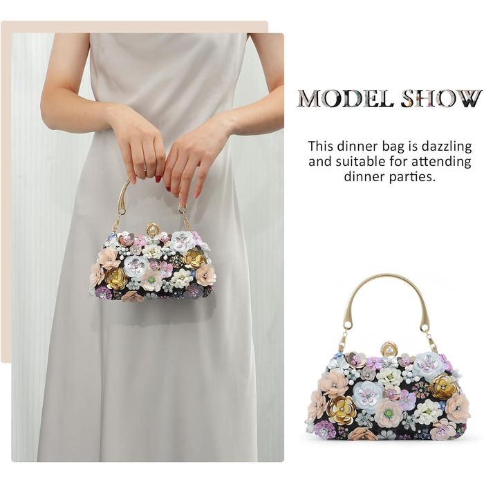 Елегантна жіноча сумочка Квітуча краса з 3D квітковою вишивкою клатч на ланцюжку для вечірок, весіль та урочистих подій (чорний)