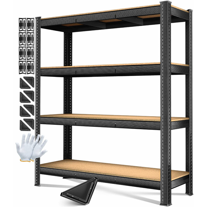 Міцний стелаж MASKO, стелаж для зберігання, підвальний стелаж, 160x160x60 см, вантажопідйомність 1200 кг, 4 регульовані полиці, панелі МДФ, металевий стелаж, стелаж без болтів, стелаж для майстерні, сталевий каркас, гаражний верстак, чорний, 4 полиці