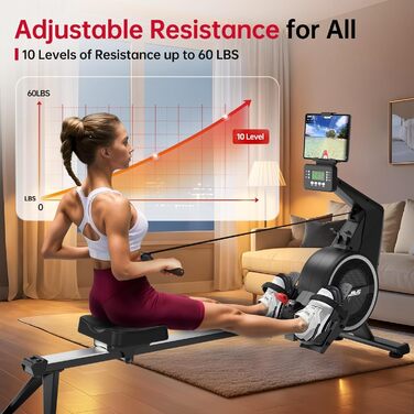 Домашній гребний тренажер, гребний тренажер з пневматичним та магнітним опором з 10 рівнями опору, велотренажер для користувачів до 158 кг, тиха подвійна рейка, світлодіодний монітор Bluetooth з тримачем для планшета, чорний BW7