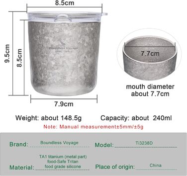 Титанова кружка Boundless Voyage з подвійними стінками та кришкою, 240 мл, надлегка, для чаю, кави, використання на свіжому повітрі, кемпінгу, пікніків, походів, подорожей, домашнього використання, Ti3238D