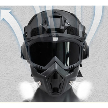 Страйкбольний шолом можна регулювати відповідно до тактичних шоломів, а страйкбольна маска зі знімними окулярами із захистом від запотівання використовується для видів спорту на свіжому повітрі, таких як страйкбол, пейнтбол та ігри з комп&39ютерної графік