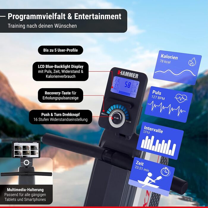 Гребний тренажер HAMMER RX1 для домашнього використання - складний гребний тренажер з магнітною гальмівною системою, сидінням на кулькових підшипниках, вагою користувача до 120 кг та вбудованим пульсометром для нагрудних ременів