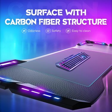 Ігровий стіл із RGB-світлодіодним підсвічуванням, 120x60 см, ергономічний ігровий комп&39ютерний стіл з карбоновою поверхнею, RGB-ігровий стіл/комп&39ютерний стіл з пультом дистанційного керування та кріпленням для навушників, чорний, 120x60x75 см