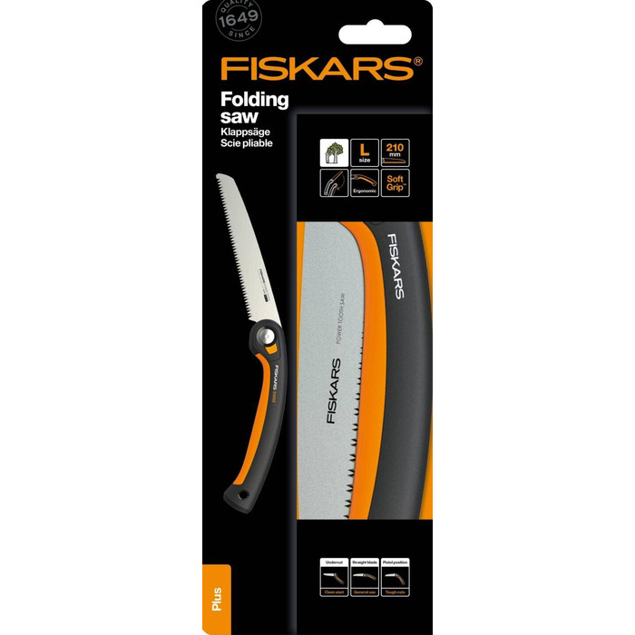 Складна пила Fiskars Plus, для товстих колод і гілок, 3 положення різання, гостре лезо з електроприводом, груба зубчастість, довжина леза 21 см, чорний/помаранчевий, пила SW69, 1067553 (полотно 20 см)