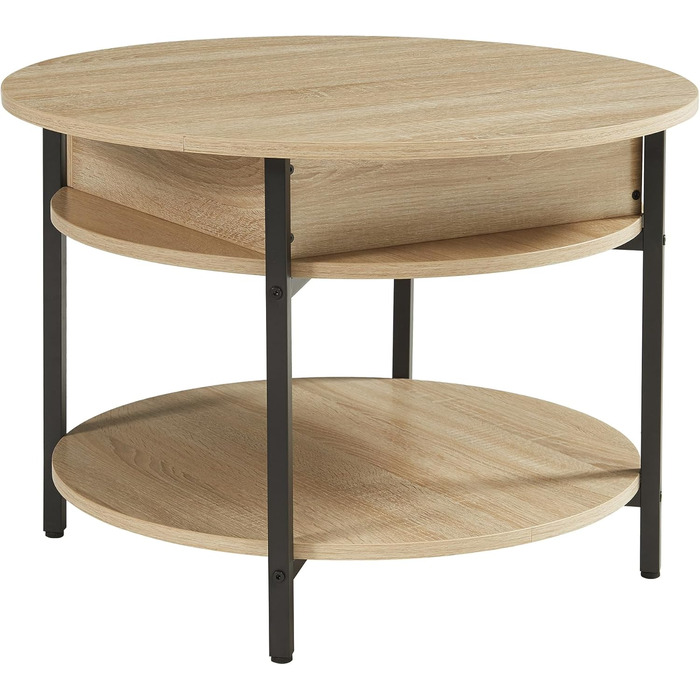 Круглий журнальний столик з підйомною стільницею, стіл для вітальні Kanda з місцем для зберігання, Ø70 x 49 см, невеликий столик з регульованою висотою та металевим каркасом, під дуб