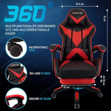 Ігрове крісло xRace, офісне крісло, ергономічне комп&39ютерне крісло, шкіряне ігрове крісло з поперековою опорою, регульований поворотний механізм, робоче крісло з підставкою для ніг та підголівником, червоне