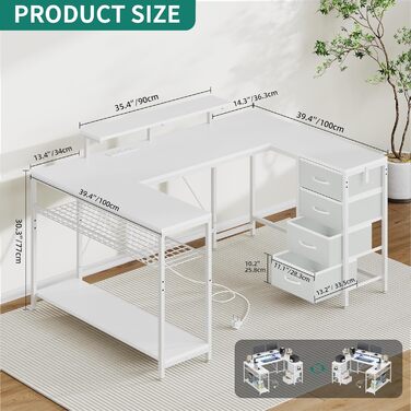 Кутовий стіл YITAHOME з 4 шухлядами та місцем для зберігання, ігровий стіл зі світлодіодним освітленням та підставкою для монітора для домашнього офісу, двосторонній кутовий стіл з 2 розетками та 2 портами зарядки USB, 158 см, білий 158 x 100 x 90 см