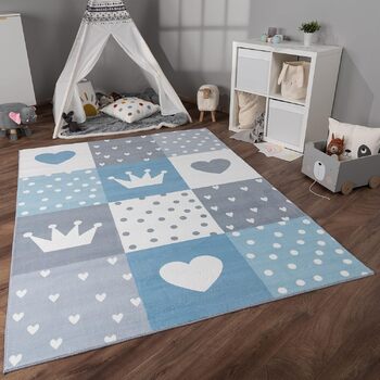 Дитяча кімната дитячий килим ігровий килим з коротким ворсом нековзний корона серця крапки сонце веселка літери, розмір 140x200 см