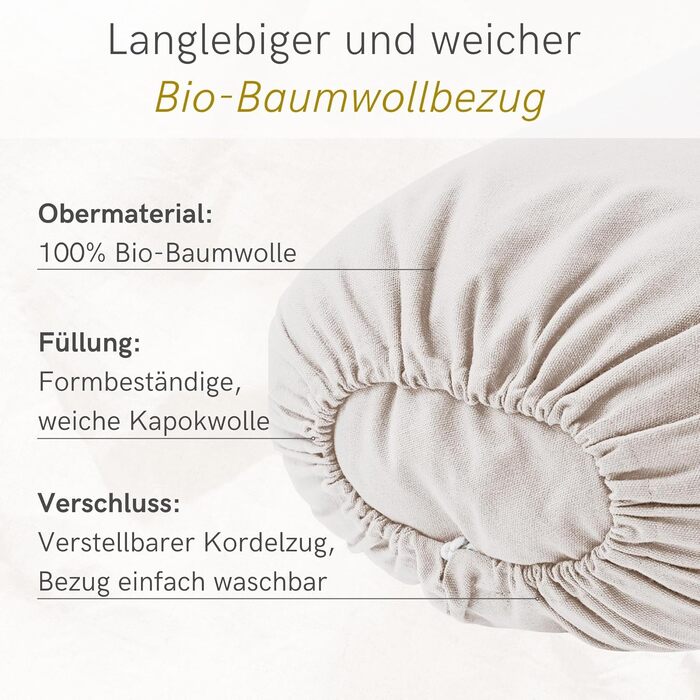 Нашийник-валик Lotuscrafts Bolster для інь-йоги, наповнювач 100 капок, бавовняний чохол, який можна прати, подушка для відновлювальних вправ йоги, натуральний колір