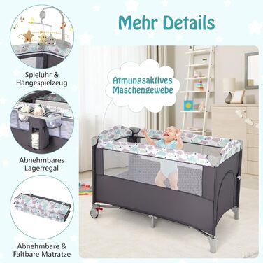 Дитяче ліжечко DREAMADE 120 x 60 см з колесами, дорожнє ліжечко 4 в 1 з матрацом, складне дитяче ліжечко як пеленальний столик та манеж, дорожнє ліжечко для малюків від народження (сіре)