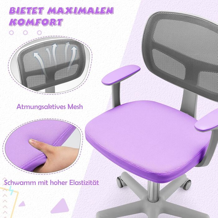 Дитяче письмове крісло FANTASK 80-91,5 см, регульоване молодіжне крісло зі спинкою та підлокітниками, обертове дитяче письмове крісло, фіолетове