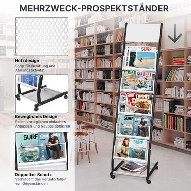 Шарова стійка для журналів SUNDOY з колесами підлогова підставка для брошур та каталогів, стійка для журналів на колесах для офісу, ярмарків та дому (ширина 32,5 см) 5-шарова, ширина 32,5 см, 5-