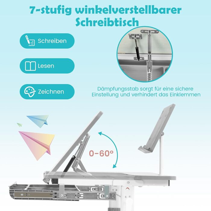 Дитячий письмовий стіл COSTWAY з регульованою висотою 51-73 см, учнівський стіл з похилою стільницею, підставкою для книг, шухлядою та вимірювальною лінійкою, ергономічний дитячий стіл для дітей 3-12 років (сірий)