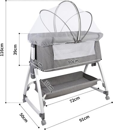 Дитяче ліжечко Side-by-Side, дитяче ліжечко 2-в-1 від народження до 25 кг, додаткове ліжко з 6 регулюваннями висоти, з матрацом/відкидною бічною панеллю/колесами, ліжечко з сітчастої тканини - 80 x 40 x 100-115 см - льон 80 x 40 x 100-115 см - льон