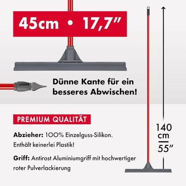 Ракель для підлоги Силіконова головка 45 см Ручка з нержавіючої сталі 140 см з 4 частин Алюмінієва ручка Важкі вантажі Ідеально підходить для миття, сушіння, для ванних кімнат, вологих приміщень, кахельної підлоги
