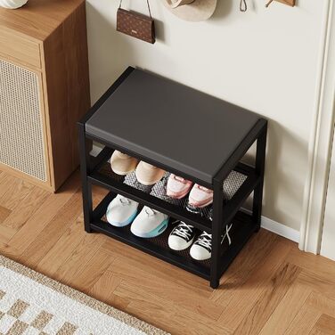 Лавка для взуття ZHOOGE із сидінням, лавка для зберігання, полиця для взуття з 2 дротяними полицями для передпокою, коридору, вітальні, металевий каркас, вантажопідйомність до 150 кг, 47 x 30 x 43 см, чорний