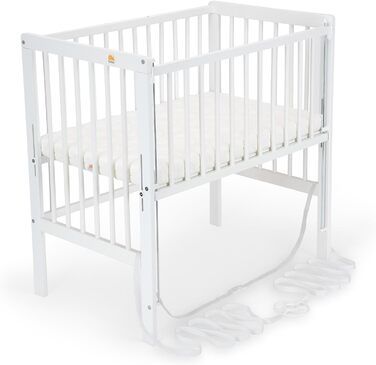 Дитяче ліжечко FabiMax Baby Bed Crib Flex з інноваційною бічною рейкою для пружинного ліжка, включаючи матрац та сітчастий бортик, масив бука білого кольору, матрац Air/білий білий
