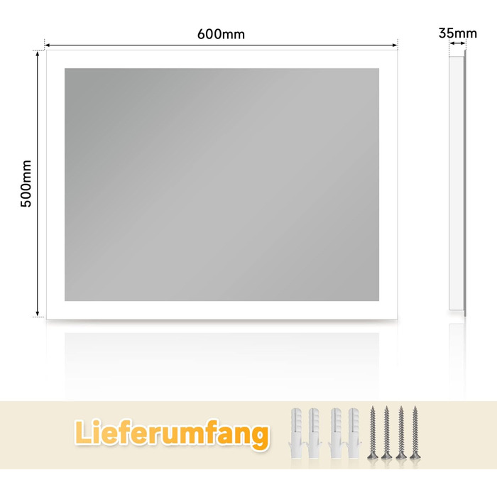 Світлодіодне дзеркало для ванної кімнати з підсвічуванням 6050 см дзеркало для ванної кімнати з підсвічуванням холодного білого кольору, світлодіодне дзеркало для ванної кімнати, вертикальне та горизонтальне кріплення IP44 водонепроникне 60L x 50B см