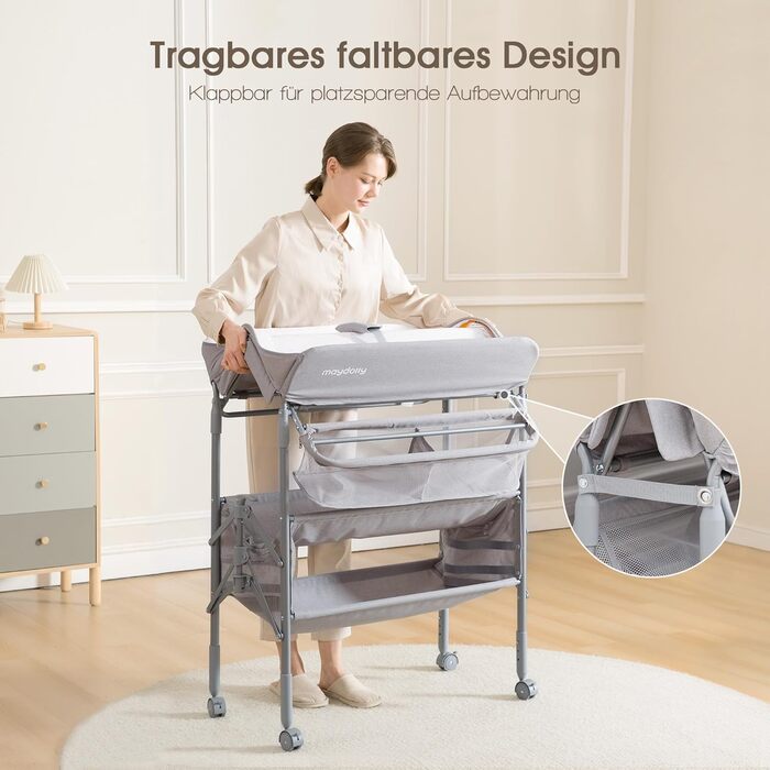 Портативний пеленальний столик Maydolly, багатофункціональний складний пеленальний столик, регульована висота з колесами та 2 кошиками для зберігання, водонепроникна подушка для пеленання, сірий