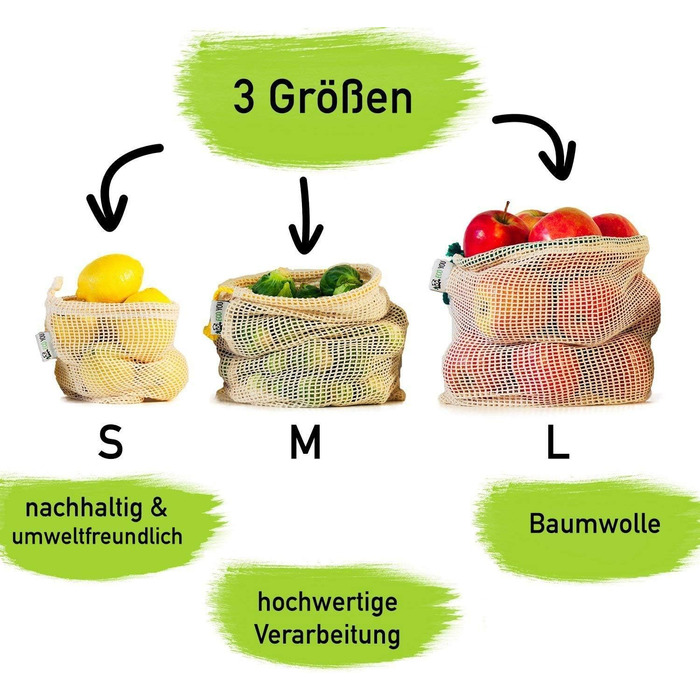 Багаторазові пакети для овочів EcoYou з органічної бавовни набір з 3 шт. (S,M,L) з індикацією ваги Zero Waste сітка для фруктів та овочів для покупок без пластику Стійкі сітки для покупок сезонний календар