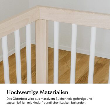 Дитяче ліжко Ehrenkind PUR з матрацом 120x60, бук Натуральний колір Дитяче ліжко з регульованою висотою в 9 напрямках зі знімними поручнями Дитяче ліжко 120x60 см Pur матрац, натуральний колір