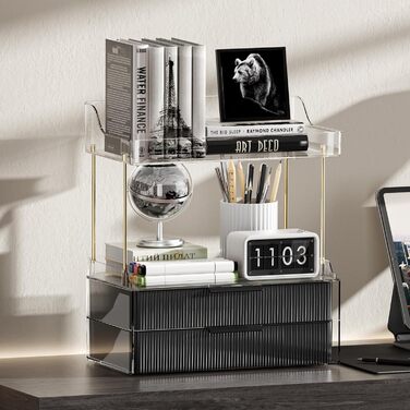 Рівневий органайзер для макіяжу з 2 шухлядами для жінок з великою кількістю речей - Багатоцільовий настільний органайзер для туалетного столика - Великий органайзер для догляду за шкірою чорного кольору. Квадратний - Чорний, 2-