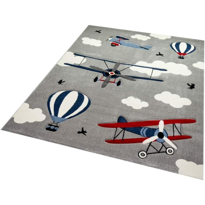 Килим для дитячої кімнати Літаки Біплан Повітряна куля сірий синій крем Розмір 200 х 290 см