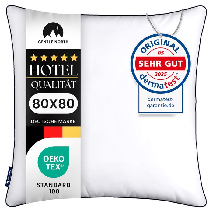 Високоякісна подушка Gentle North 80x80 см готельної якості - Пухнаста, добре наповнена подушка для сну, підходить для алергіків (сертифікована Oeko-Tex Standard 100) - Можна прати при 60C 80x80
