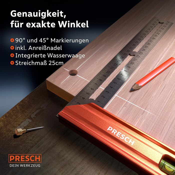 Кут зупинки Presch 250 мм - Висока точність і нержавіюча сталь - Інноваційний ударний датчик 25 см - Точний кут столяра, включаючи спиртовий рівень і шпильку для максимальної універсальності - Ідеальний 90 і 45