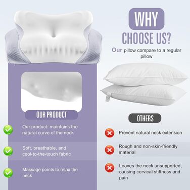 Подушка з піни з ефектом пам&39яті 60D, ортопедична ергономічна подушка для болю в шиї та плечах, підтримка шийного відділу хребта для сну на боці, спині та животі, з 2 наволочками, що праються, сіра, 62 x 37,3 x 14,4/9 см