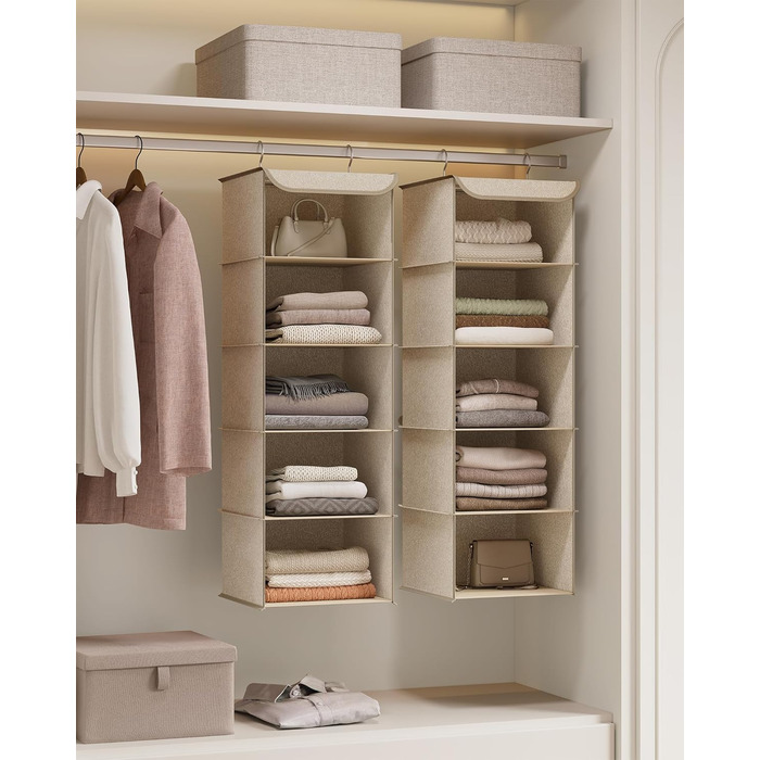 Підвісний органайзер SONGMICS, набір з 2 шт. , органайзер для шафи, підвісна полиця, підвісне місце для зберігання, складаний та компактний, металеві гачки та бамбукові вставки, текстура, що нагадує лляну тканину, пісочно-бежевий RCH005Y02 Пісочно-бежевий