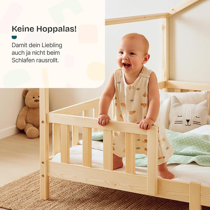Дитяче ліжко Treviolo 90 x 200 см Дерев&39яне ліжко для дітей із захистом від падіння Каркас ліжка Монтессорі з рейковою основою, сосновий дерев&39яний, колір натурального дерева, 90 x 200 см
