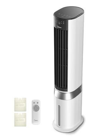 Мобільний охолоджувач повітря Midea з водяним охолодженням, 7л резервуар для води, продуктивність 2000 м/год, Sensicool Smart Temp Control, іонізація, 6 швидкостей, 5 режимів, таймер на 12 годин, сенсорний дисплей, білий колір, резервуар 7л