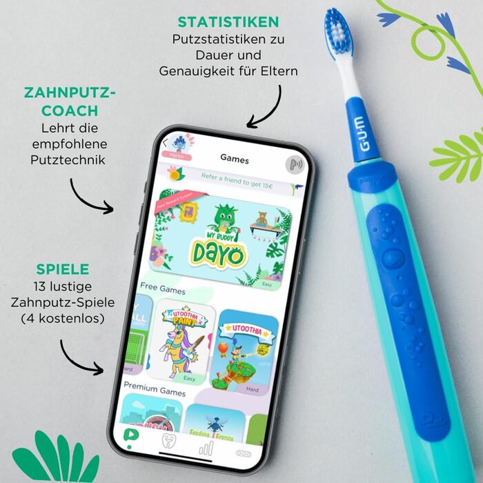 Електрична зубна щітка GUM Playbrush JUNIOR 6 Інтерактивний ігровий додаток 2 режими очищення Дуже м&39яка щетина Батарея на 8 тижнів Таймер звукова зубна щітка, акумуляторна 2 додаткові насадки для щіток Синій