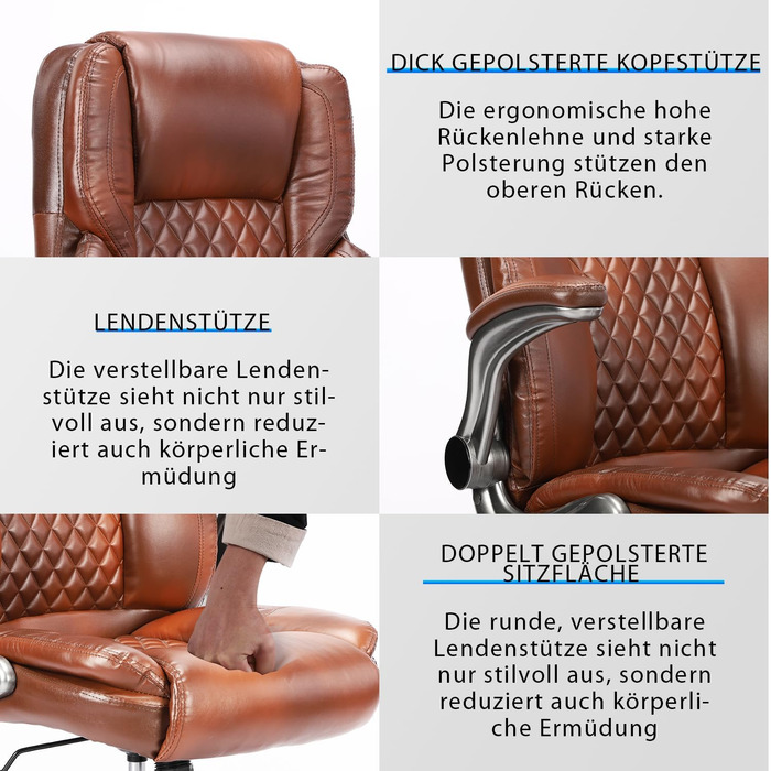 Ергономічне офісне крісло, вантажопідйомність 180 кг, робоче крісло з високою спинкою та широким сидінням, відкидні підлокітники, шкіряне обертове крісло для домашнього офісу та офісу, коричневий класичний колір
