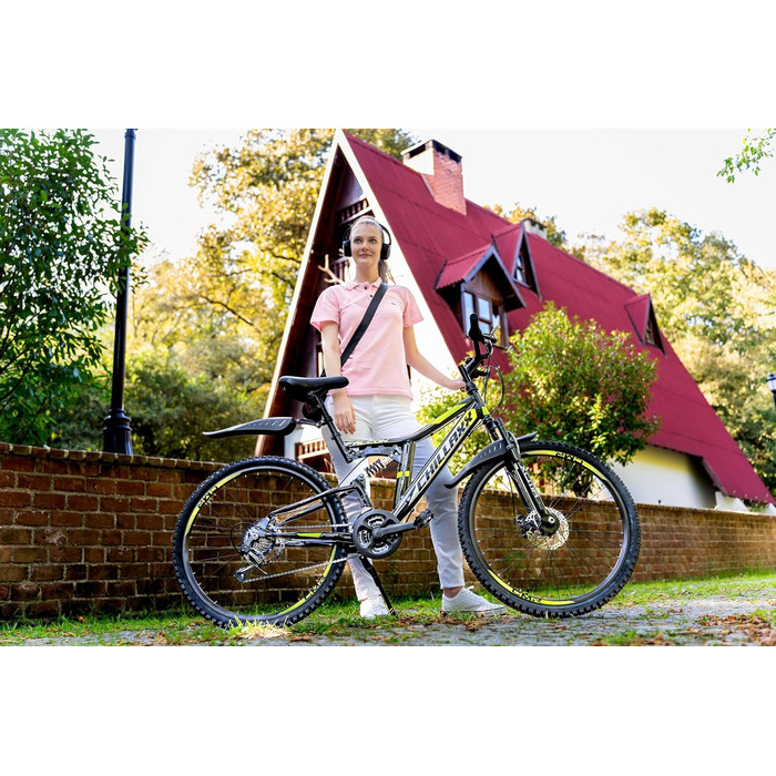 Гірський велосипед Chillaxx Bike Falcon преміум-класу розміром 24, 26, 27,5 та 29 дюймів - Велосипед для хлопчиків, дівчаток, жінок та чоловіків - Дискові гальма - 21 швидкість - Повнопідвіска 26 дюймів Чорно-синій Дискові гальма