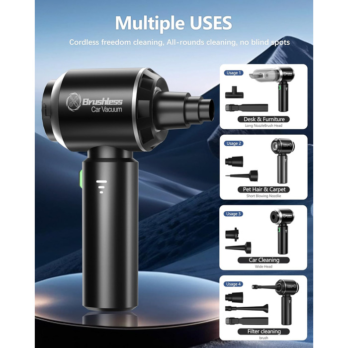 Ручний пилосос, портативний легкий автомобільний пилосос потужний, 18000 Па 4 в 1 акумуляторний бездротовий ручний пилосос, 3-швид