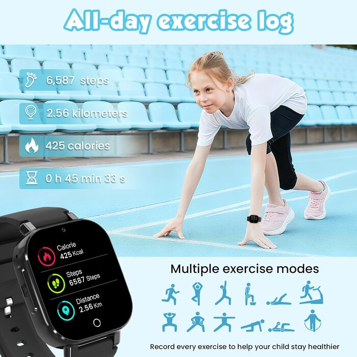 Розумний годинник 4G для дітей з GPS, дитячий годинник з телефоном, відеодзвінками та голосовим чатом, Wi-Fi, SOS, крокомір, будильник, ігри, дитячий подарунковий наручний годинник для дівчаток та хлопчиків віком від 4 років, чорний