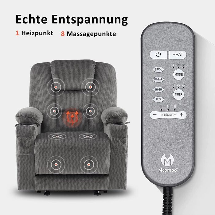 Електрично регульоване крісло для телевізора 7008, Крісло-реклайнер з функцією відкидання, Крісло для телевізора з функцією масажу та підігріву, USB та підсклянник, Вітальня (Тканина, сірий) Тканина сірого кольору