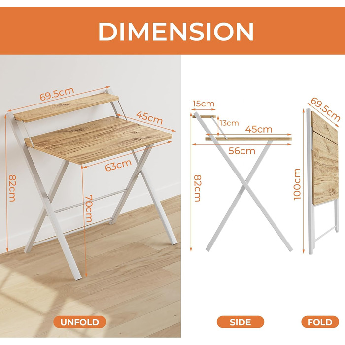 Маленький розкладний стіл, Не потребує складання, Малий розмір, Компактний розкладний стіл з підставкою для монітора, Дубовий комп&39ютерний стіл, Робочий стіл, Розкладний стіл, Бежевий, Малий розмір, Бежевий