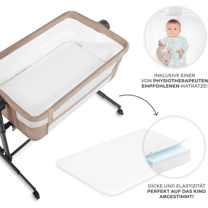 Приліжкове ліжечко 2-в-1, дорожнє ліжечко з матрацом та простирадлом, 5-рівневе регулювання висоти матраца, 4 колеса з гальмами, м&39який матеріал, легка конструкція, бежевий Nestee Beige, 2