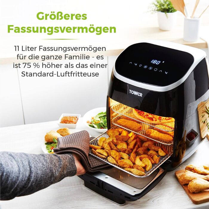 Цифрова фритюрниця Tower T17039 Xpress Pro 5-в-1 зі швидкою циркуляцією повітря, таймером на 60 хвилин - фритюрниця XXL 11L - 2000 Вт - чорний цифровий 5-в-1