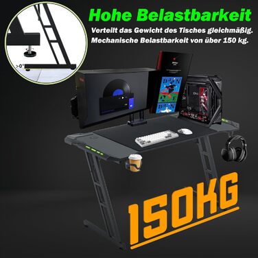 Ігровий стіл Froadp зі світлодіодним підсвічуванням, 120x60 см, Z-подібний ігровий стіл для ПК, чорна вуглецева поверхня, ергономічний комп&39ютерний стіл з підставкою для чашок та гачками для навушників, вантажопідйомність 150 кг, 120 см, з RGB-світлодіо